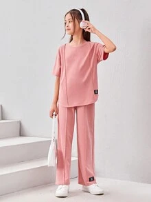 SHEIN Tween女孩寬鬆休閒圓領套頭T卹和運動長褲套裝，搭配下垂肩 - 淺粉色 - 查看 3