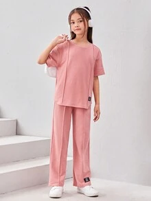 SHEIN Tween女孩寬鬆休閒圓領套頭T卹和運動長褲套裝，搭配下垂肩 - 淺粉色 - 查看 5