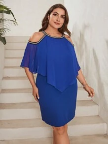 SHEIN Privé 大碼挖肩網紗拼接連衣裙 - 寶藍色 - 查看 4