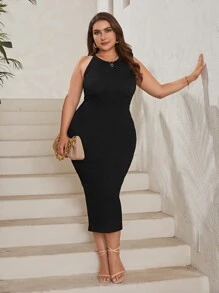 SHEIN Privé Plus Solid Halter Neck Dress - Black - View 3