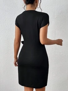 Chiquease Solid Knot Side Batwing Sleeve Bodycon Dress - Black - View 2