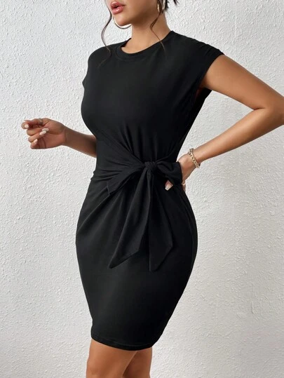 Chiquease Solid Knot Side Batwing Sleeve Bodycon Dress