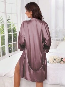 SilkySpell Solid Satin Nightdress & Drop Shoulder Belted Robe Pajama Set, Fall Winter Clothes - Mauve Purple - View 2