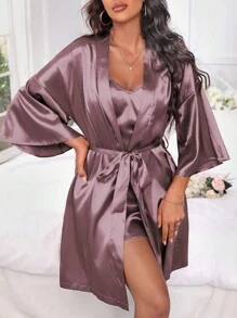 SilkySpell Solid Satin Nightdress & Drop Shoulder Belted Robe Pajama Set, Fall Winter Clothes - Mauve Purple - View 4