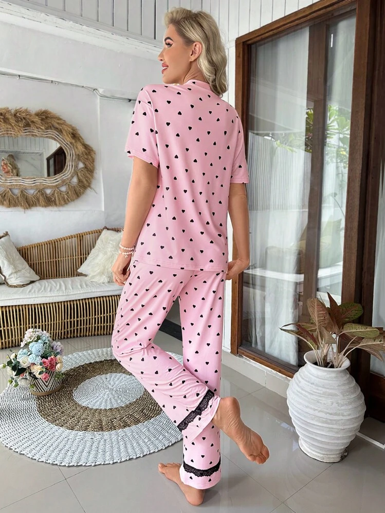 In Trái tim Trang trí ren Vá Túi Bộ PJ - Hồng - Xem 2