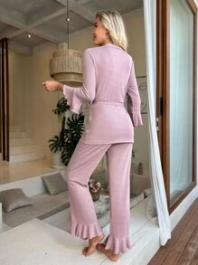 Flounce Sleeve Belted Lounge Set Holiday Season - Dusty Pink - View 2