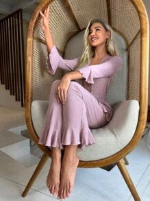 Flounce Sleeve Belted Lounge Set Holiday Season - Dusty Pink - View 5