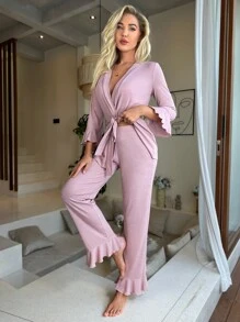 Flounce Sleeve Belted Lounge Set Holiday Season - Dusty Pink - View 6