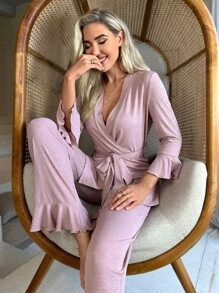 Flounce Sleeve Belted Lounge Set Holiday Season - Dusty Pink - View 7