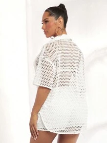 SHEIN SXY 空心鈕扣前垂肩襯衫,無透明胸罩 - 白色 - 查看 2