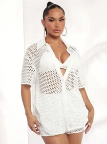 SHEIN SXY 空心鈕扣前垂肩襯衫,無透明胸罩 - 白色 - 查看 7