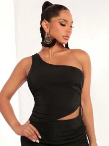SHEIN SXY Một bờ vai Bên dây rút Viền không đối xứng Top Cây trồng - màu đen - Xem 1