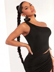 SHEIN SXY Một bờ vai Bên dây rút Viền không đối xứng Top Cây trồng - màu đen - Xem 4