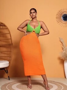 SHEIN SXY Vestido ajustado de dos tonos con abertura de espalda abierta con cordón halter - Multicolor - Ver 1