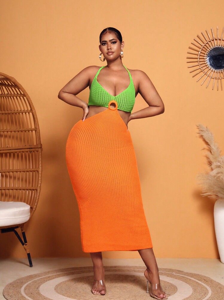 SHEIN SXY Vestido ajustado de dos tonos con abertura de espalda abierta con cordón halter - Multicolor - Añade 1