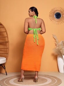 SHEIN SXY Vestido ajustado de dos tonos con abertura de espalda abierta con cordón halter - Multicolor - Ver 2