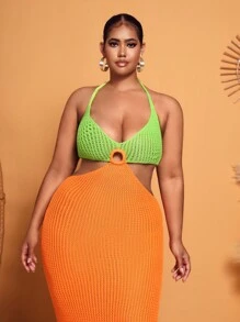 SHEIN SXY Vestido ajustado de dos tonos con abertura de espalda abierta con cordón halter - Multicolor - Ver 3