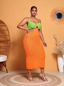 SHEIN SXY Vestido ajustado de dos tonos con abertura de espalda abierta con cordón halter - Multicolor - Ver 4