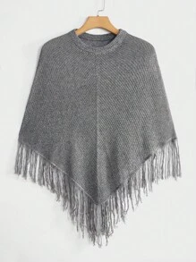 GENTILAND Men Fringe Trim Asymmetrical Hem Knit Poncho - Grey - View 1