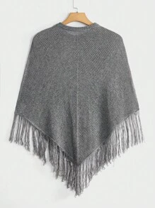 GENTILAND Men Fringe Trim Asymmetrical Hem Knit Poncho - Grey - View 2