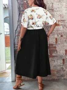 SHEIN LUNE Plus Floral Print Butterfly Sleeve Belted Dress - Multicolor - View 2