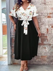 SHEIN LUNE Plus Floral Print Butterfly Sleeve Belted Dress - Multicolor - View 3