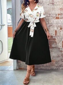 SHEIN LUNE Plus Floral Print Butterfly Sleeve Belted Dress - Multicolor - View 4