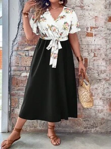 SHEIN LUNE Plus Floral Print Butterfly Sleeve Belted Dress - Multicolor - View 5