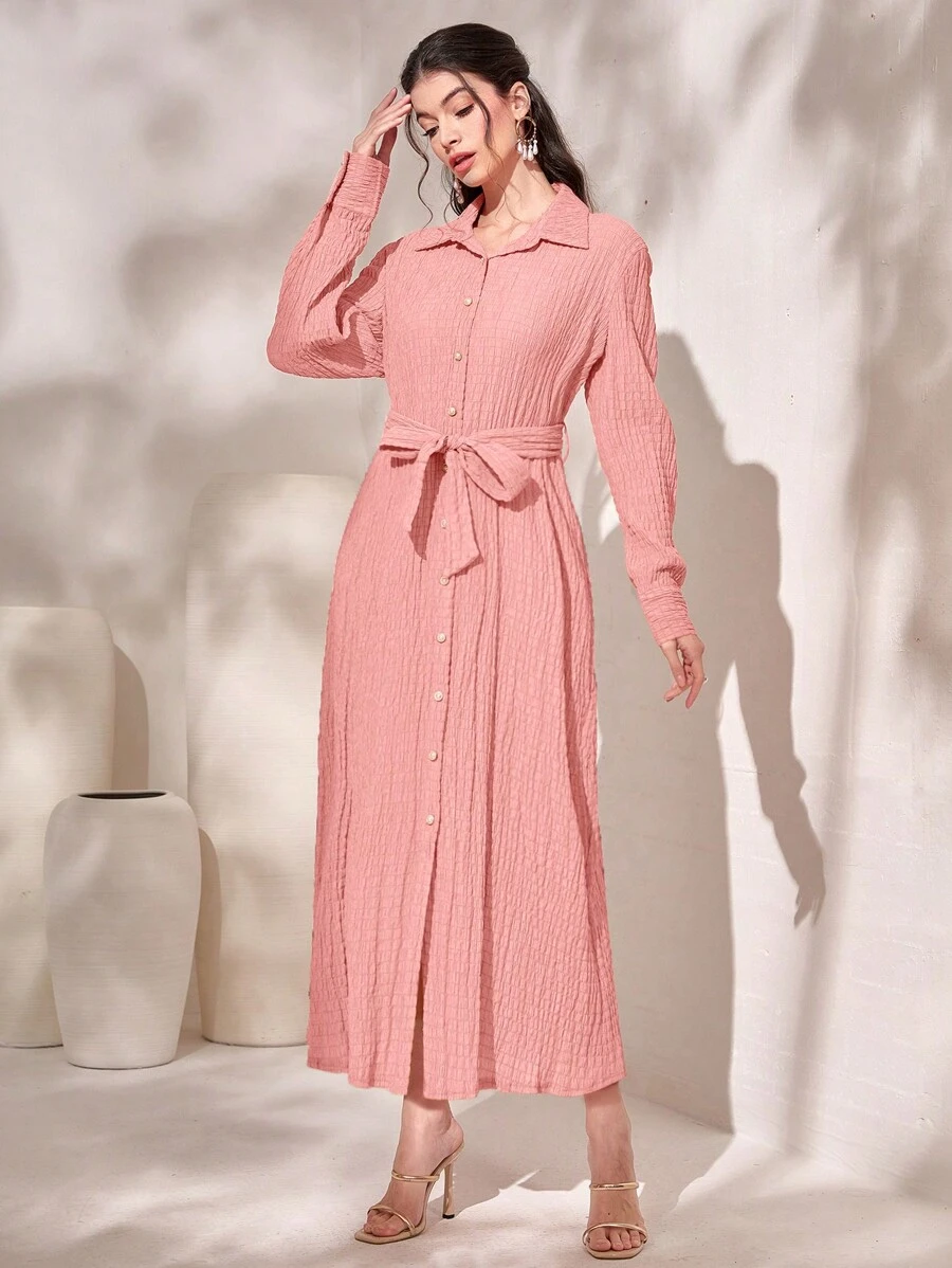 Mulvari Solid Belted Shirt Dress - Pink - View 1