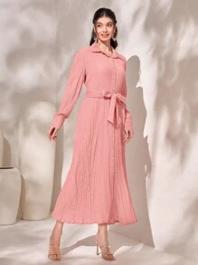 Mulvari Solid Belted Shirt Dress - Pink - View 4