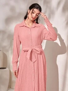 Mulvari Solid Belted Shirt Dress - Pink - View 5