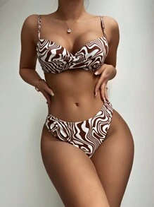 SHEIN Swim 夏季海灘流體印花推上型比基尼泳裝 - 棕色 - 查看 4