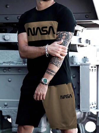 Guys Two Tone Letter Graphic Tee & Drawstring Waist Shorts