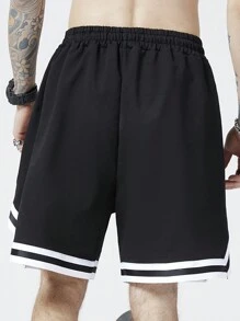 ROMWE MEN Street Life 男士字母圖案條紋飾邊束腰寬鬆短褲 - 黑色 - 查看 7