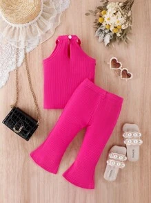 Baby Ruffle Trim Halter Top & Flare Leg Pants Set - Hot Pink - View 2