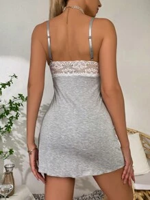 Contrast Lace Bow Detail Split Hem Cami Night Dress - Light Grey - View 2