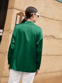 Modelyn Solid Button Front Drop Shoulder Shirt,Long Sleeve Tops Fall Cloth For Women - Green - View 2