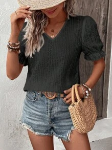 SHEIN LUNE 素色泡泡袖V領襯衫