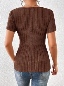 SHEIN Essnce 交疊領條紋針織T恤 - 咖啡棕 - 查看 2