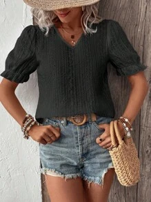 SHEIN LUNE 素色泡泡袖V領襯衫