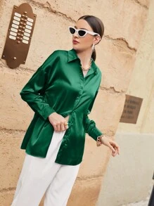 Modelyn Solid Button Front Drop Shoulder Shirt,Long Sleeve Tops Fall Cloth For Women - Green - View 5