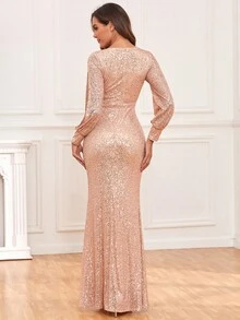 Sequin Mermaid Hem Plunging Neck Maxi Party Dress