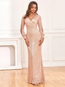 Sequin Mermaid Hem Plunging Neck Maxi Party Dress