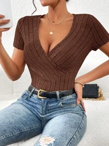 SHEIN Essnce 交疊領條紋針織T恤 - 咖啡棕 - 查看 4