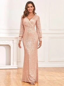 Sequin Mermaid Hem Plunging Neck Maxi Party Dress