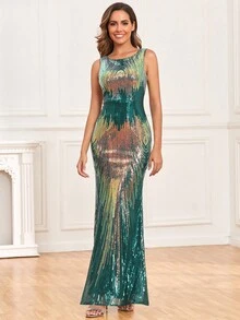 Vestido de vestir bajo sirena con lentejuelas - Verde Oscuro - Ver 5