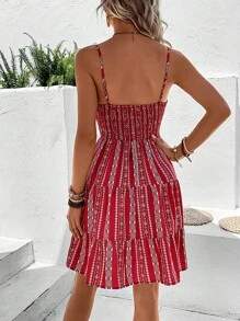 SHEIN VCAY Allover Print Twist Front Ruffle Hem Cami Dress - Red - View 2