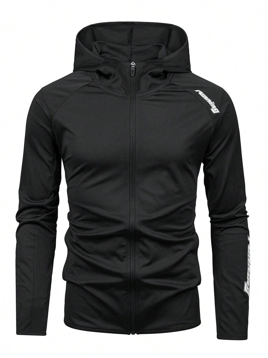 Manfinity Fitness Chaqueta deportiva tipo novio con capucha y cremallera, con estampado de letras, para hombre, informal, de manga larga, de color liso, chaqueta de chándal para hacer deporte - Negro - Ver 1