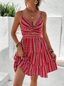 SHEIN VCAY Allover Print Twist Front Ruffle Hem Cami Dress - Red - View 6