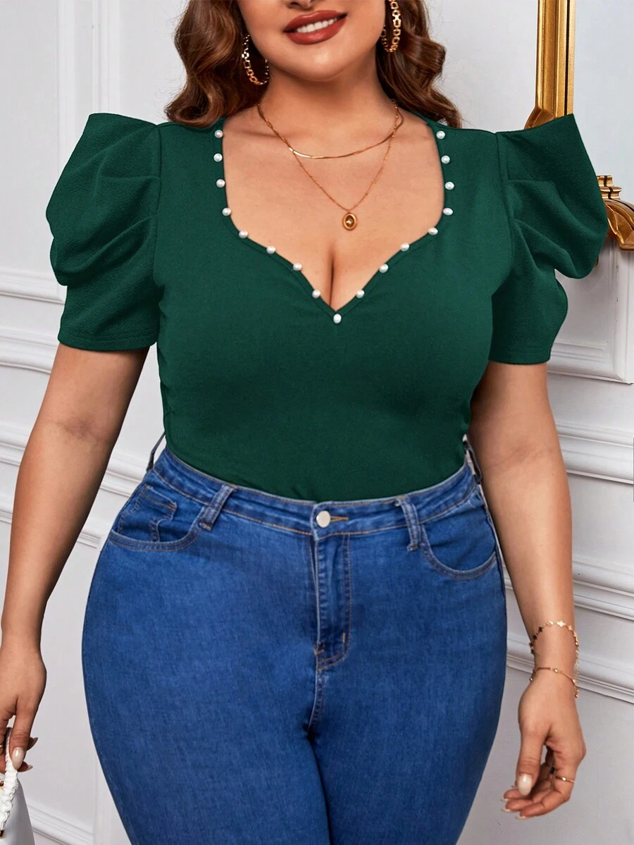 SHEIN Privé 大碼珍珠串珠泡泡袖T恤 - 墨綠色 - 查看 1